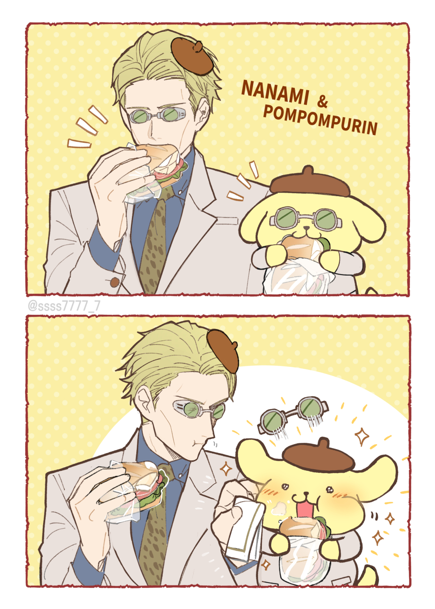 1boy animal_print beret blonde_hair blue_shirt blush character_name closed_eyes collared_shirt commentary_request eating food formal grey_suit happy hat hello_kitty highres holding holding_food jujutsu_kaisen korean_commentary leopard_print lettuce long_sleeves looking_at_another male_focus nanami_kento necktie open_mouth pompompurin sandwich shirt short_hair solo ssss7777_7 suit upper_body