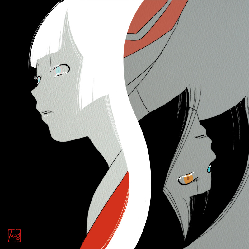 2girls bangs biwa_(heike_monogatari) black_background black_hair blue_eyes blunt_bangs blunt_ends bob_cut crying crying_with_eyes_open dual_persona eyelashes grey_background heike_monogatari heterochromia hime_cut limited_palette looking_away mogu_(pixiv22120591) multiple_girls parted_lips partially_colored portrait profile sidelocks signature simple_background tearing_up tears upside-down white_hair yellow_eyes yin_yang