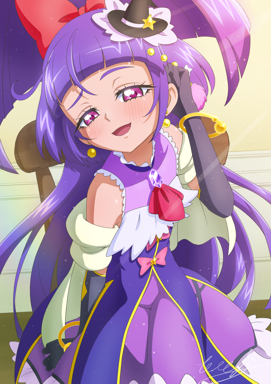 1girl black_gloves blush bracelet brooch crystal cure_magical dress earrings elbow_gloves gloves hat highres izayoi_liko jewelry long_hair looking_at_viewer magical_girl mahou_girls_precure! mini_hat mini_witch_hat precure purple_dress purple_hair shawl solo tiler_(tiler00) very_long_hair violet_eyes witch_hat