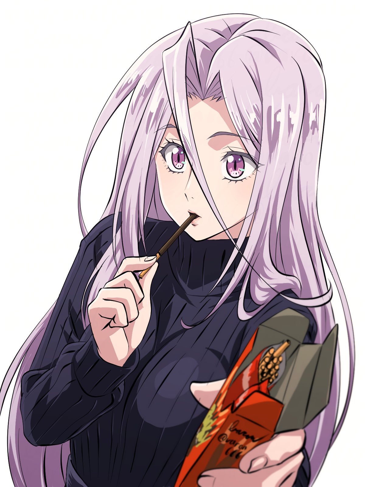 1girl artist_name baron_(varon666) black_sweater box eating food food_in_mouth fuuto_tantei giving gradient gradient_background highres holding holding_box holding_food holding_pocky incoming_food kamen_rider kamen_rider_w long_hair long_sleeves pocky pocky_day purple_hair ribbed_sweater signature solo sweater tokime_(fuuto_tantei) turtleneck turtleneck_sweater twitter_username upper_body violet_eyes