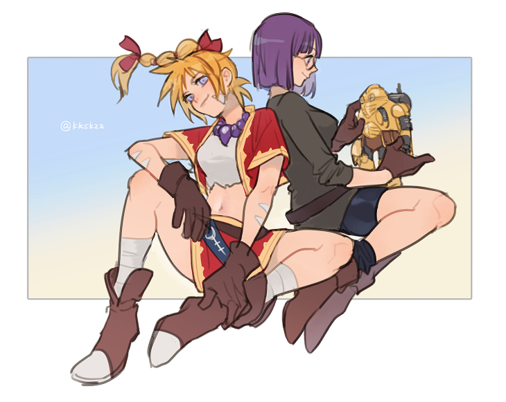 2girls back-to-back bandaged_leg bandages bangs bead_necklace beads black_shorts blonde_hair blue_eyes blunt_bangs blunt_ends bob_cut body_markings boots border breasts brown_footwear brown_gloves chrono_cross chrono_trigger crop_top cropped_jacket dagger facial_mark full_body glasses gloves gradient gradient_background grey_shirt hair_ribbon jacket jewelry kid_(chrono_cross) knife long_hair long_sleeves looking_at_another looking_at_viewer lucca_ashtear medium_breasts meiji_(pecosyr5) midriff miniskirt multi-tied_hair multiple_girls navel necklace purple_hair red_jacket red_ribbon red_skirt ribbon robo_(chrono_trigger) shirt short_sleeves shorts sitting skirt sleeves_rolled_up smile twitter_username weapon white_shirt