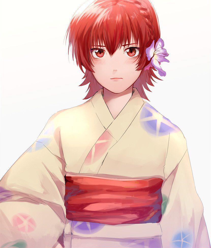 1girl closed_mouth flower hair_flower hair_ornament iria_animi japanese_clothes kimono looking_at_viewer penguu_(green528) red_eyes redhead short_hair simple_background solo tales_of_(series) tales_of_innocence white_background