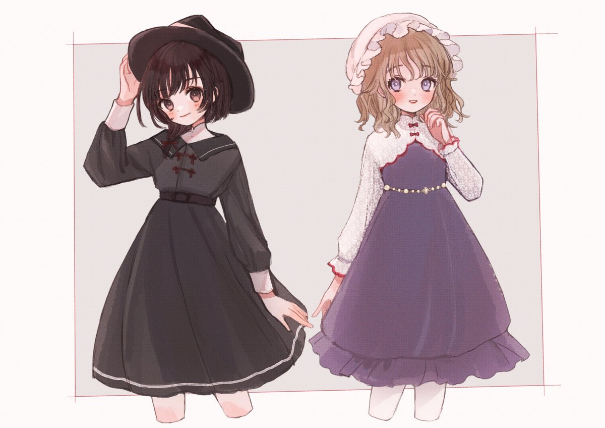 2girls bangs belt black_dress black_headwear bow brown_belt brown_eyes brown_hair closed_mouth commentary_request curly_hair dress flat_chest hair_ribbon hat lace long_sleeves maribel_hearn medium_hair mob_cap multiple_girls purple_dress red_bow red_ribbon ribbon shrug_(clothing) smile touhou usami_renko violet_eyes white_headwear yujup