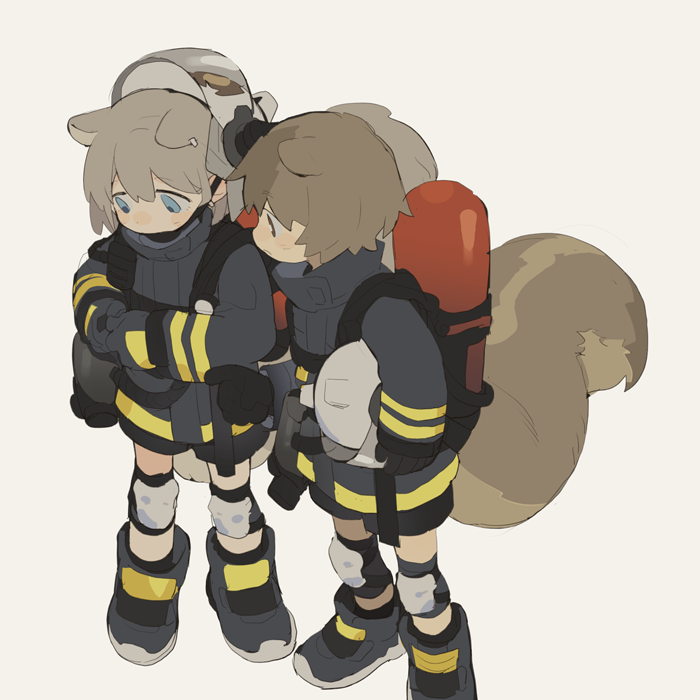 2girls animal_ears animal_ears_helmet aqua_eyes arknights bangs black_gloves black_shorts blue_eyes blush boots brown_eyes brown_hair carrying carrying_under_arm commentary d.y.x. fire_helmet firefighter firefighter_jacket full_body gloves grey_background grey_hair helmet holding jacket knee_pads long_sleeves looking_at_another multiple_girls open_mouth oxygen_mask oxygen_tank shaw_(arknights) short_hair shorts simple_background squirrel_ears squirrel_girl squirrel_tail standing symbol-only_commentary tail teeth upper_teeth
