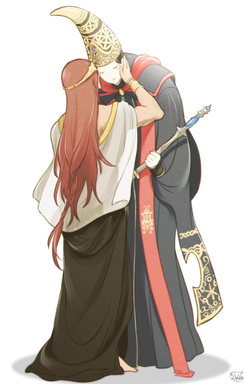 1boy 1girl black_hair elden_ring from_software height_difference highres large_hat long_hair muu1519 radagon_of_the_golden_order redhead rennala_queen_of_the_full_moon simple_background smile tall tall_female