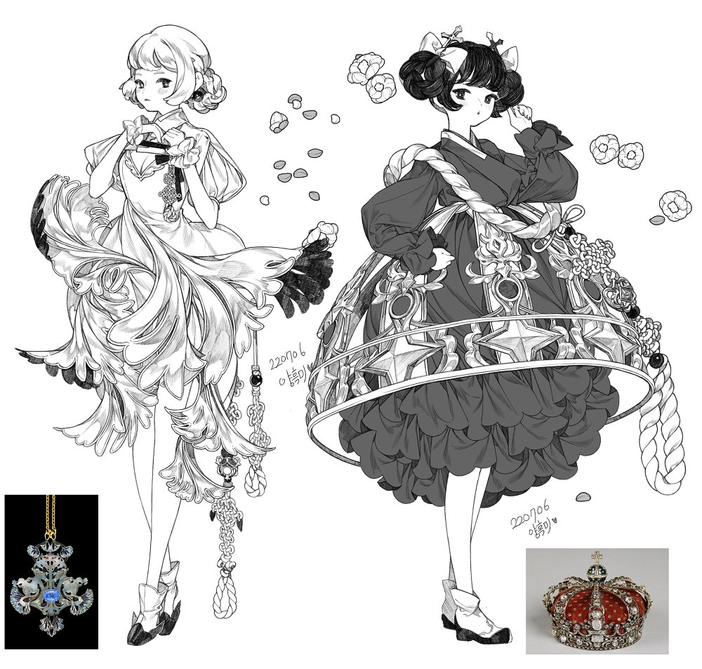 2girls :o bangs blunt_bangs blush bobby_socks bow braid braided_bun cleavage_cutout closed_mouth clothing_cutout collared_dress crinoline cross_hair_ornament crown dated dress flower full_body gloves greyscale hair_bow hair_bun hair_ornament hair_rings hanbok hand_up jewelry korean_clothes korean_commentary korean_text lemon89h long_sleeves looking_at_viewer looped_braids monochrome multiple_girls original pendant puckered_lips puffy_long_sleeves puffy_short_sleeves puffy_sleeves reference_inset rope sash shoes short_sleeves shoulder_sash sidelocks simple_background socks standing twin_braids wrist_cuffs