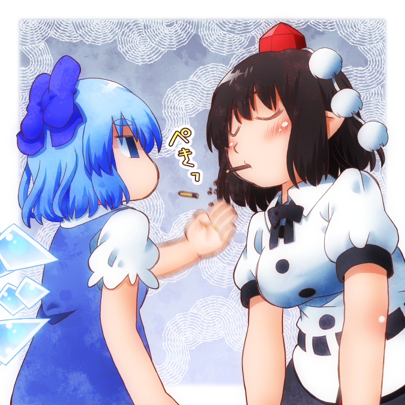 2girls bangs bare_arms black_hair blouse blue_bow blue_dress blue_eyes blue_hair blush bow chop cirno closed_eyes commentary_request dress empty_eyes facing_another food food_in_mouth hair_bow hat height_difference ice ice_wings leaning_forward looking_at_another matty_(zuwzi) medium_hair motion_blur multiple_girls pocky pointy_ears puffy_short_sleeves puffy_sleeves rejection shaded_face shameimaru_aya shirt short_hair short_sleeves tokin_hat touhou wings yuri