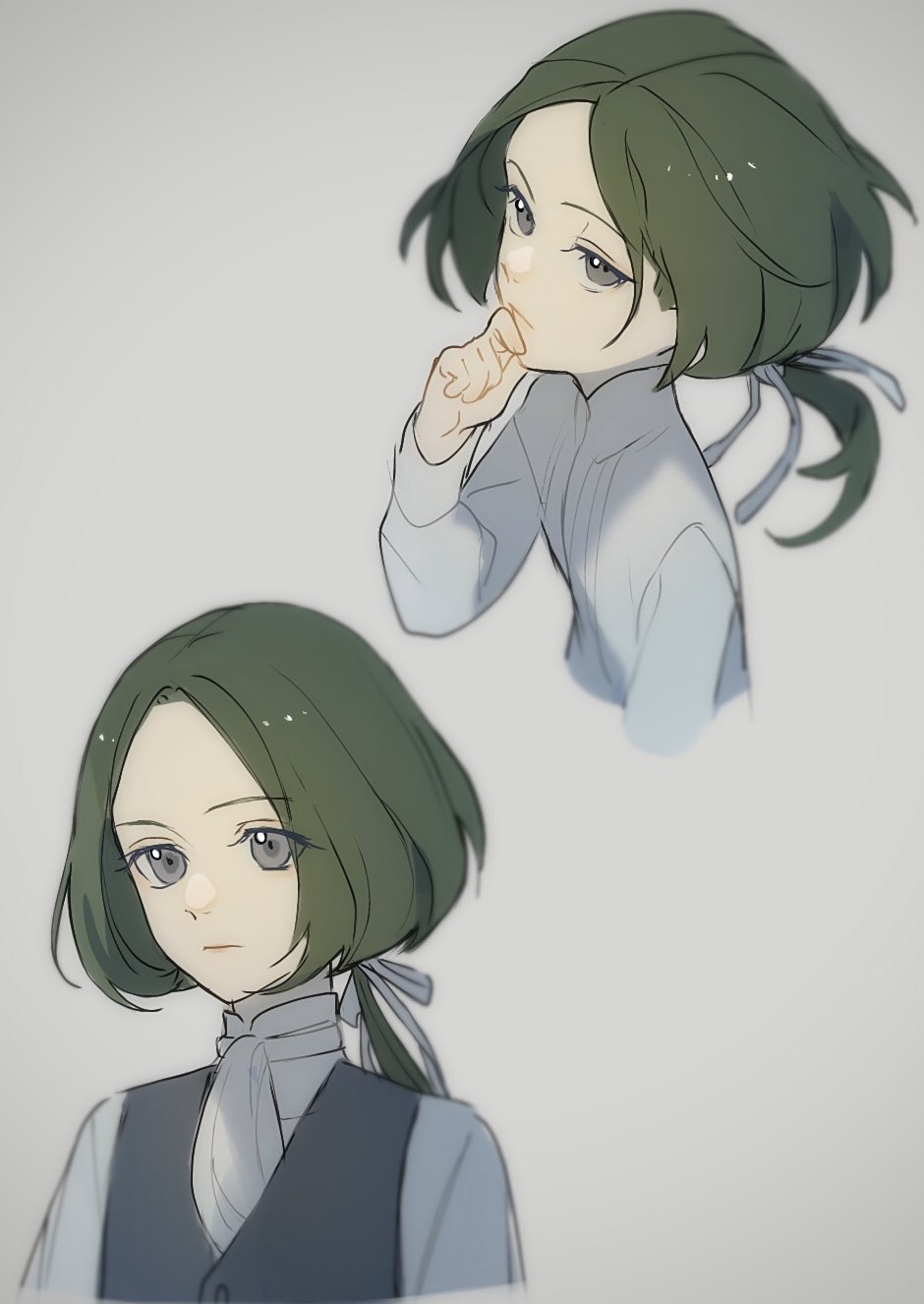 0_ebj 1boy aged_down ascot bangs fire_emblem fire_emblem:_three_houses green_hair grey_background grey_eyes grey_vest hair_ribbon hand_to_own_mouth highres linhardt_von_hevring long_sleeves looking_at_viewer looking_up low_ponytail male_child male_focus multiple_views parted_bangs ribbon shirt short_hair_with_long_locks upper_body vest white_ascot white_shirt