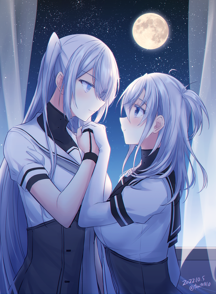 2girls bangs black_gloves black_sailor_collar blue_eyes blush bodysuit curtains dated eye_contact full_moon fuyutsuki_(kancolle) gloves grey_hair grey_neckerchief hair_between_eyes highres holding_hands kabocha_torute kantai_collection long_hair looking_at_another moon multiple_girls neckerchief night night_sky one_side_up partially_fingerless_gloves sailor_collar school_uniform serafuku short_sleeves sky smile star_(sky) starry_sky suzutsuki_(kancolle) twitter_username upper_body very_long_hair white_bodysuit white_sailor_collar window yuri