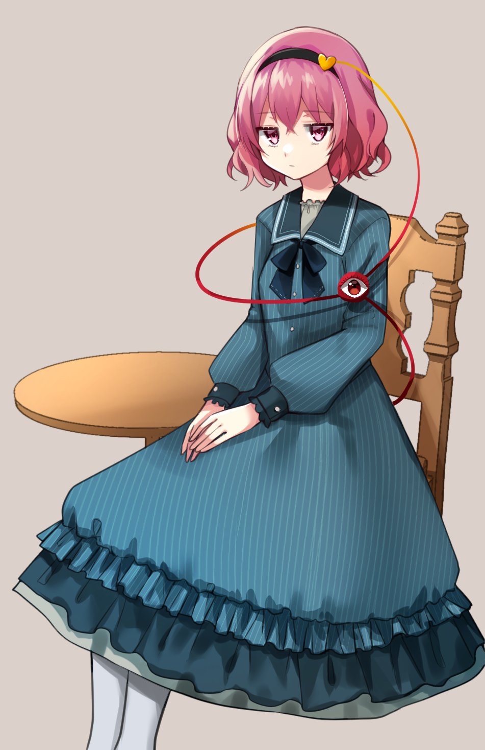 1girl :| alternate_costume bad_id bad_twitter_id black_hairband blue_dress blue_neckerchief chair closed_mouth collared_dress dress expressionless feet_out_of_frame grey_background hair_between_eyes hair_ornament hairband heart heart_hair_ornament highres jitome komeiji_satori long_sleeves looking_at_viewer neckerchief okaka_01 on_chair pink_eyes pink_hair red_eyes short_hair simple_background sitting sleeve_cuffs solo table thigh-highs third_eye touhou white_thighhighs
