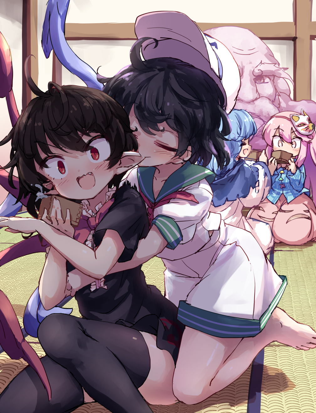 1boy 4girls asymmetrical_wings biting black_dress black_hair black_thighhighs blue_hair blue_shirt blue_wings bow bowtie closed_eyes dress ear_biting fang fox_mask hat hata_no_kokoro highres houjuu_nue indoors isu_(is88) kumoi_ichirin long_hair mask mask_on_head multiple_girls murasa_minamitsu open_mouth pink_hair pink_skirt pointy_ears red_bow red_bowtie red_eyes red_wings sailor_hat shirt short_hair shorts skirt thigh-highs touhou unzan white_dress white_headwear white_shirt white_shorts wings