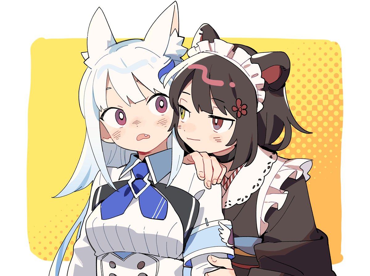2girls animal_ear_fluff animal_ears apron aqua_hair armband bangs black_choker blush breasts choker closed_mouth d.y.x. eye_contact fang frilled_apron frills gradient_hair hair_ornament hand_on_another's_shoulder heterochromia inui_toko japanese_clothes lize_helesta long_hair looking_at_another maid_headdress medium_breasts multicolored_hair multiple_girls nijisanji parted_lips red_eyes simple_background upper_body violet_eyes virtual_youtuber wa_maid white_apron white_hair yellow_eyes yuri