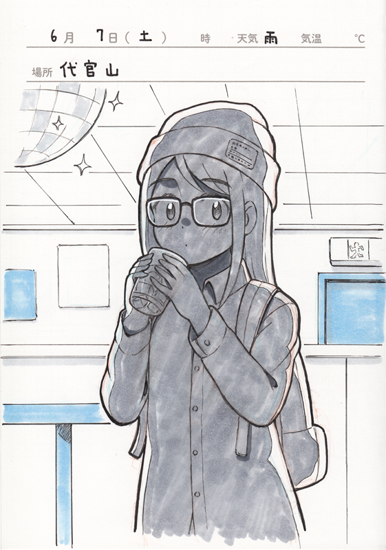1girl 49s-aragon backpack bag beanie collared_shirt cup disco_ball drink glasses greyscale hat holding holding_cup ice indoors long_sleeves looking_at_viewer monochrome original shirt solo sparkle