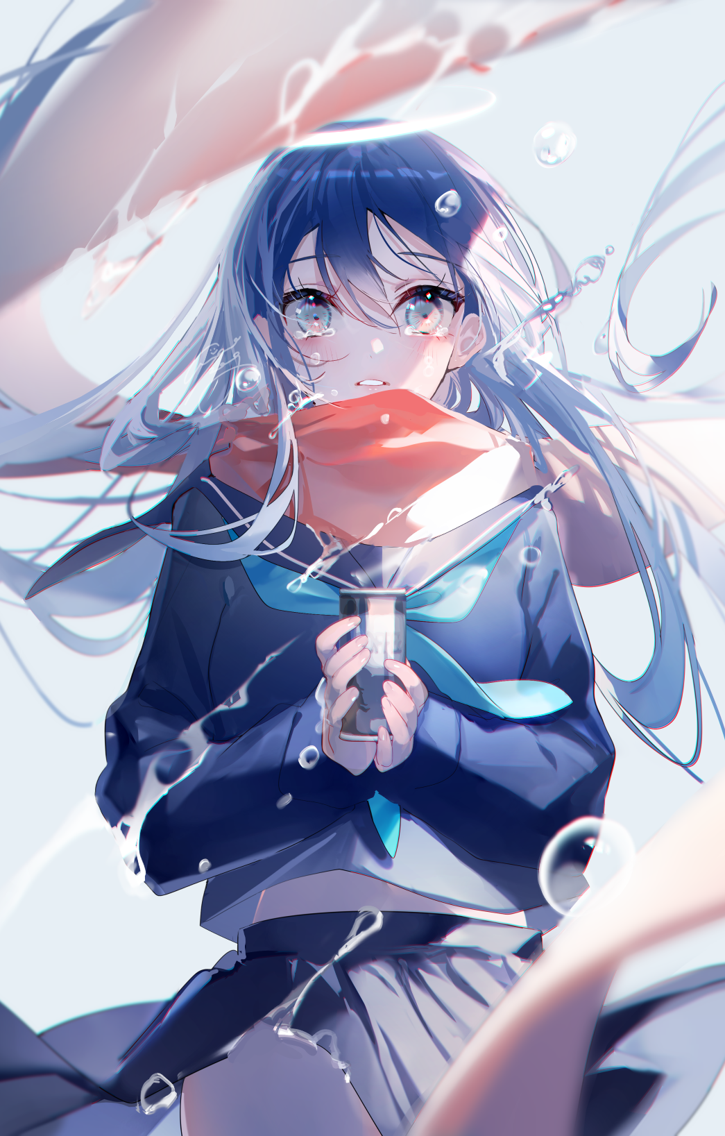1girl bangs blue_hair blue_shirt blue_skirt blurry blurry_foreground blush breasts bubble grey_eyes highres holding light_blue_background long_hair long_scarf long_sleeves looking_at_viewer medium_breasts miwano_rag open_mouth original pleated_skirt red_scarf scarf school_uniform serafuku shiny shiny_hair shirt simple_background skirt solo standing tears