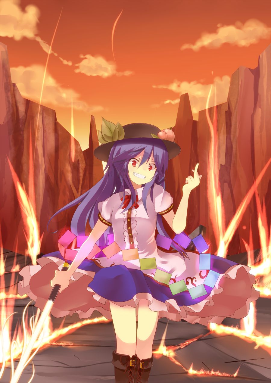 1girl blue_hair food fruit hat highres hinanawi_tenshi long_hair middle_finger nunua peach red_eyes skirt solo sword_of_hisou touhou