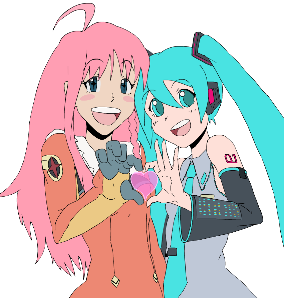 2girls aqua_eyes aqua_hair artist_request crossover detached_sleeves drawfag hatsune_miku headset long_hair multiple_girls necktie nono_(top_wo_nerae_2!) source_request top_wo_nerae_2! twintails very_long_hair vocaloid white_background