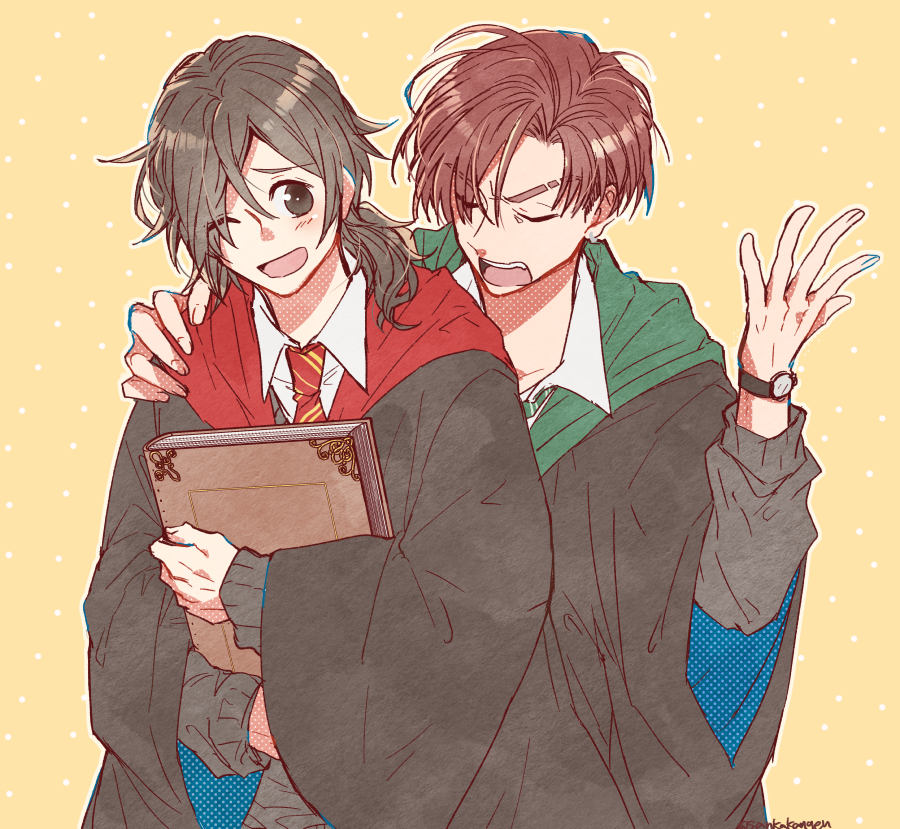 2boys ;d black_eyes black_hair black_robe book brown_hair collared_shirt eyebrow_cut fate/grand_order fate_(series) green_necktie grey_sweater gryffindor hair_over_one_eye hand_on_another's_shoulder hand_up harry_potter_(series) hogwarts_school_uniform holding holding_book long_hair looking_at_another low_ponytail male_focus masaki_(star8moon) multiple_boys necktie object_hug one_eye_closed open_hand open_mouth polka_dot polka_dot_background red_necktie robe sakamoto_ryouma_(fate) school_uniform scowl shirt short_hair slytherin smile striped_necktie sweater takasugi_shinsaku_(fate) teeth upper_body upper_teeth watch watch white_shirt yellow_background