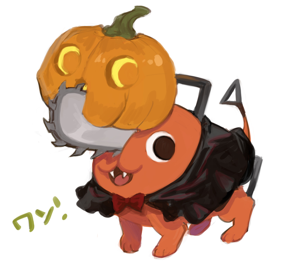 alternate_costume black_cape bow bowtie cape chainsaw chainsaw_man commentary_request fangs halloween halloween_costume handle jack-o'-lantern no_humans open_mouth oto1_030 pochita_(chainsaw_man) pumpkin red_bow red_bowtie simple_background solo tail white_background