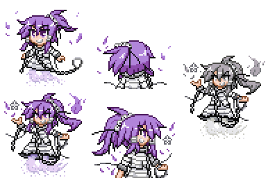 1girl chain cuffs ghost ghost_tail grey_hair hair_tubes long_hair lowres miyadeguchi_mizuchi multiple_views pixel_art ponytail prison_clothes purple_hair reimufate shirt skirt solo striped striped_shirt striped_skirt touhou touhou_ningyougeki transparent_background