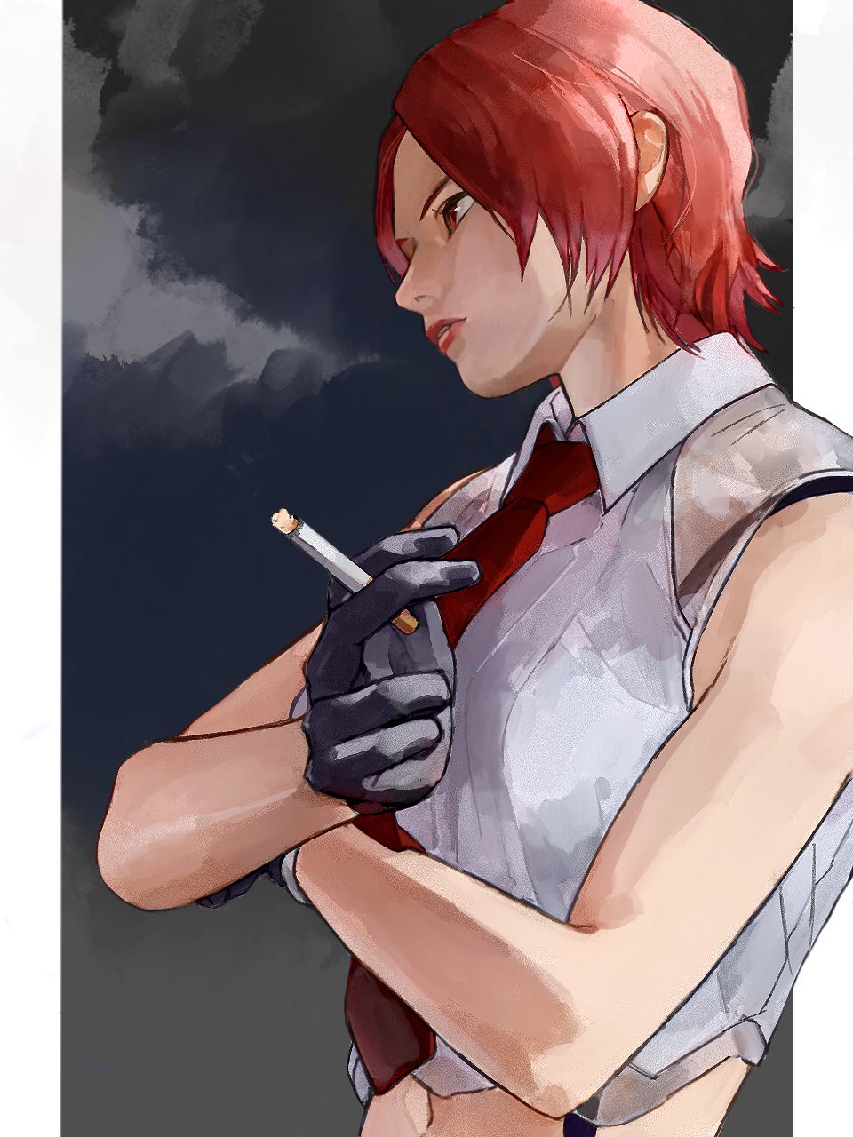 1girl black_gloves cigarette crop_top cropped_shirt crossed_arms gloves highres lips lipstick makeup mature_female midriff navel necktie oni_gini red_eyes redhead shirt short_hair sleeveless smoking solo suspenders the_king_of_fighters vanessa_(kof)