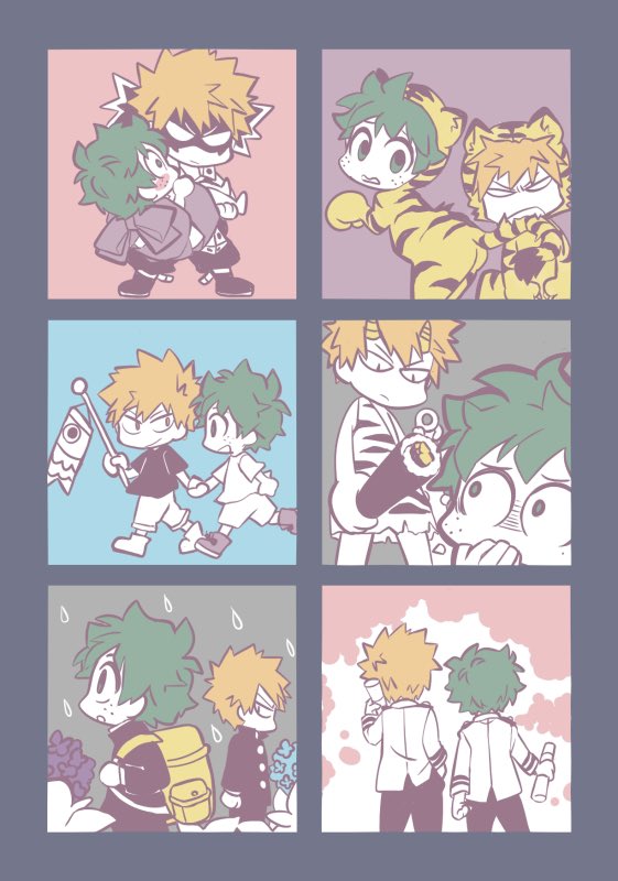 2boys animal_costume animal_ears animal_print ass backpack bag bakugou_katsuki biting blank_eyes blonde_hair blush boku_no_hero_academia carrying chibi child closed_mouth commentary_request covering_mouth fake_animal_ears fake_tail food freckles from_behind full_body gakuran green_hair holding holding_food holding_hands horns kan_(k_mham1212) koinobori long_sleeves looking_at_another makizushi male_focus midoriya_izuku multiple_boys oni_horns open_mouth pants princess_carry rain school_uniform shoes short_hair simple_background spiky_hair standing sushi tail tail_biting tiger_costume tiger_ears tiger_print tiger_tail u.a._school_uniform windsock yellow_bag