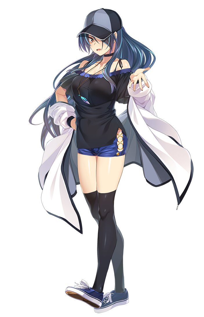 alicesoft bare_shoulders baseball_cap black_choker black_shirt breasts choker collarbone escalation_heroines gin_(ginshari) hair_over_one_eye hand_on_hip hat jewelry large_breasts long_hair looking_at_viewer mutsuka_(escalation_heroines) off-shoulder_shirt off_shoulder official_art pendant shiny shiny_skin shirt shoes short_shorts shorts sneakers thigh-highs very_long_hair