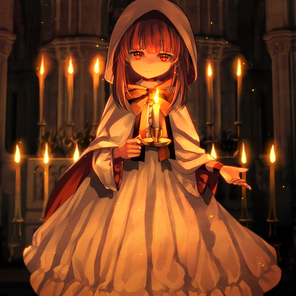 1girl architecture arm_ribbon bangs bow brown_hair building candle candlelight candlestand capelet choker church closed_mouth column commentary_request commission dress fallenshadow flat_chest gothic_architecture holding holding_candle hood hood_up hooded_capelet indie_virtual_youtuber indoors kokuzu looking_at_viewer medium_hair non-web_source petite pillar red_bow red_choker red_eyes red_ribbon ribbon second-party_source sidelocks single_wrist_cuff skeb_commission solo standing virtual_youtuber white_capelet white_dress wrist_cuffs