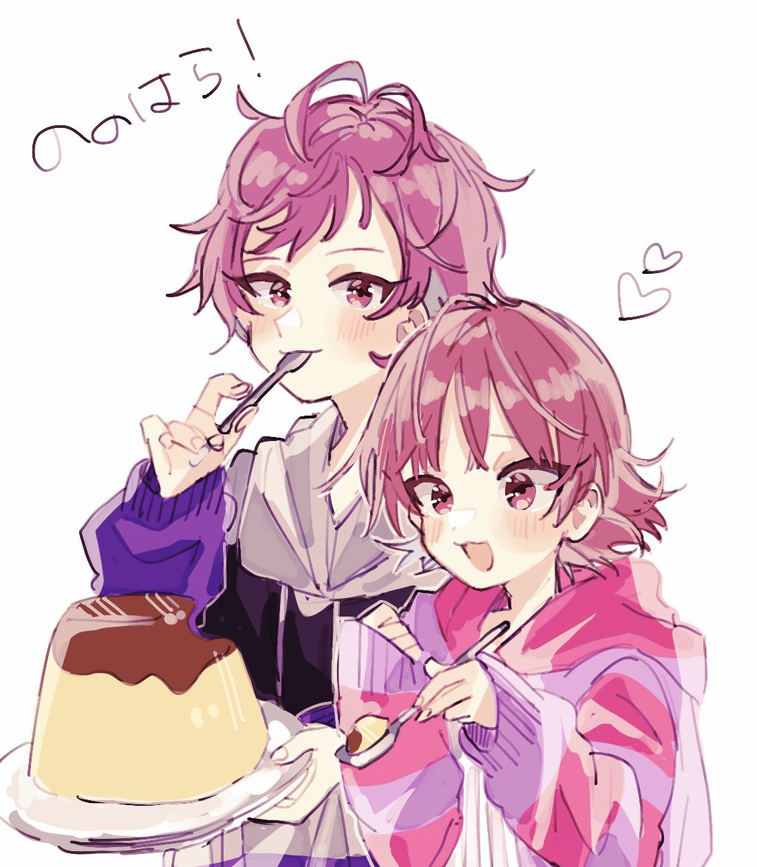 1boy 1girl ahoge antenna_hair atrdlll blush brother_and_sister food heart highres holding holding_spoon holding_tray hood hooded_jacket hoodie idolmaster idolmaster_million_live! idolmaster_million_live!_theater_days jacket looking_at_food looking_at_viewer nonohara_akane nonohara_akane's_brother oversized_food pink_hair pudding siblings simple_background smile spoon striped striped_hoodie tray upper_body white_background