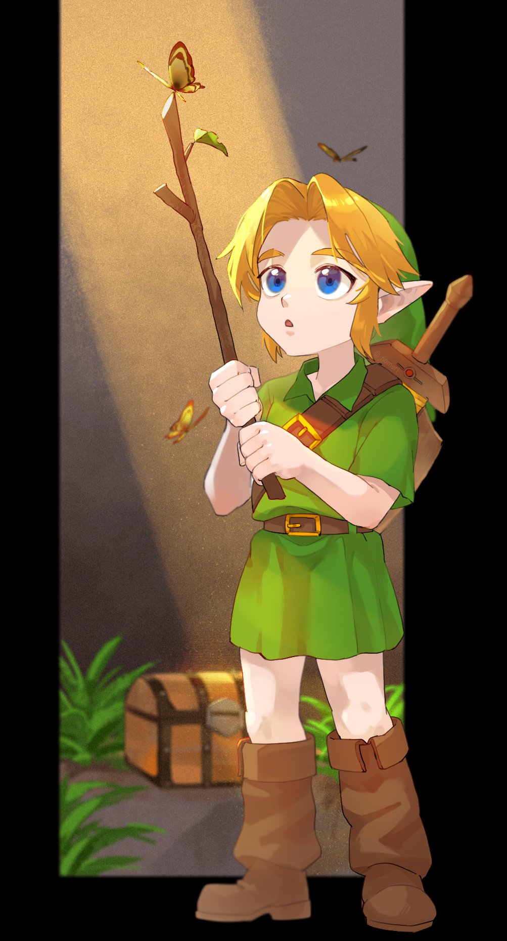 1boy belt blonde_hair blue_eyes boots brown_footwear bug butterfly full_body green_headwear green_skirt hat highres knee_boots link male_focus nomeringo pointy_ears shield skirt solo stick sword sword_on_back the_legend_of_zelda the_legend_of_zelda:_ocarina_of_time treasure_chest weapon weapon_on_back young_link