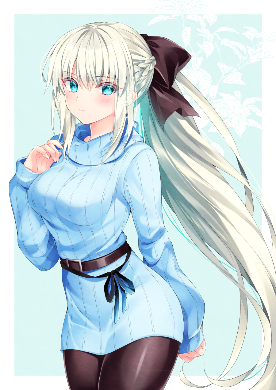 1girl bangs black_bow blue_eyes blue_sweater bow braid breasts brown_pantyhose closed_mouth commentary_request cowboy_shot dress fate/grand_order fate_(series) grey_hair hair_between_eyes hair_bow hand_up highres long_hair long_sleeves looking_at_viewer medium_breasts morgan_le_fay_(fate) nogi_takayoshi pantyhose ponytail sleeves_past_wrists solo sweater sweater_dress turtleneck turtleneck_sweater very_long_hair