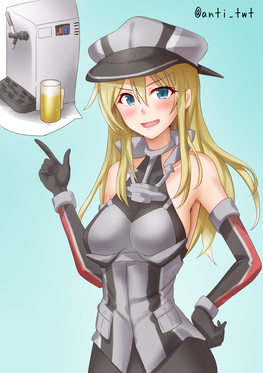 1girl alcohol anchor anchor_hair_ornament anti_(untea9) armor beer beer_crate bismarck_(kancolle) blonde_hair blue_background blue_eyes breastplate breasts brown_gloves cross detached_sleeves german_text gloves gradient gradient_background grey_thighhighs hair_ornament hat highres iron_cross kantai_collection machine medium_breasts military military_hat military_uniform open_mouth peaked_cap smile solo thigh-highs uniform