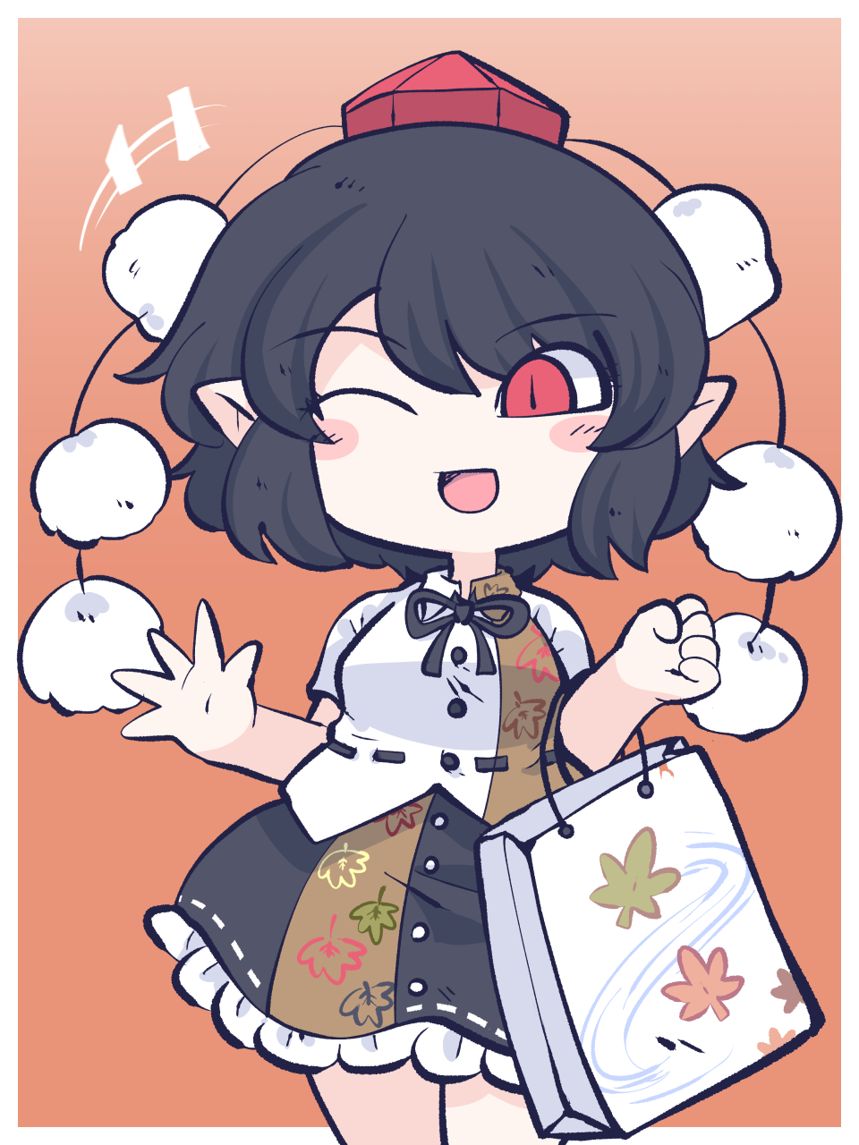 1girl bag black_hair black_skirt blush_stickers border buttons commission cowboy_shot fried_rice0614 frilled_skirt frills hair_between_eyes hat highres one_eye_closed open_mouth pointy_ears pom_pom_(clothes) red_eyes red_headwear shameimaru_aya shirt short_hair short_sleeves skeb_commission skirt smile solo tokin_hat touhou white_border white_shirt