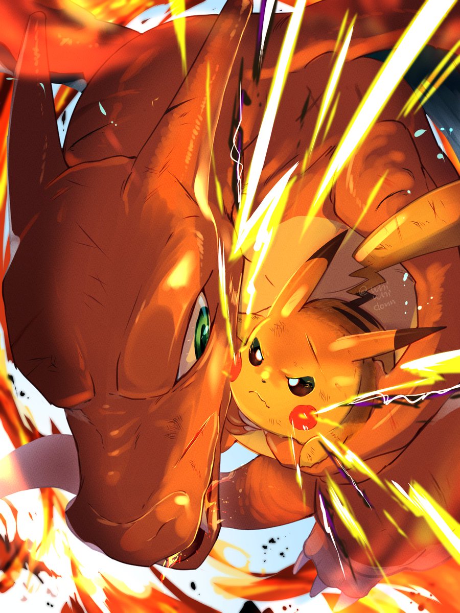 brown_eyes charizard closed_mouth commentary_request electricity eye_contact fire green_eyes highres looking_at_another miramiraa_(wniwnidonn) no_humans pikachu pokemon pokemon_(creature) pokemon_battle scrape spoilers white_background