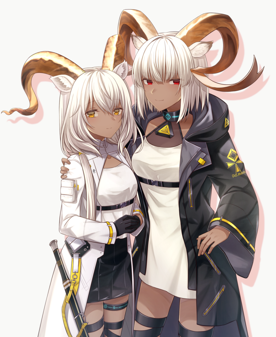 animal_ears arknights bangs beeswax_(arknights) beeswax_(arknights)_(cosplay) black_gloves black_ribbon black_skirt breasts brown_eyes carnelian_(arknights) carnelian_(arknights)_(cosplay) closed_mouth coat collar collarbone cosplay costume_switch cowboy_shot dark-skinned_female dark_skin dress gloves goat_ears goat_girl goat_horns hand_on_another's_shoulder horns infection_monitor_(arknights) leg_ribbon long_hair long_sleeves looking_at_another looking_at_viewer low_twintails medium_breasts mizuha_rei open_clothes open_coat own_hands_together red_eyes ribbon shirt short_hair siblings simple_background sisters skirt smile thighlet twintails white_background white_coat white_dress white_hair white_shirt