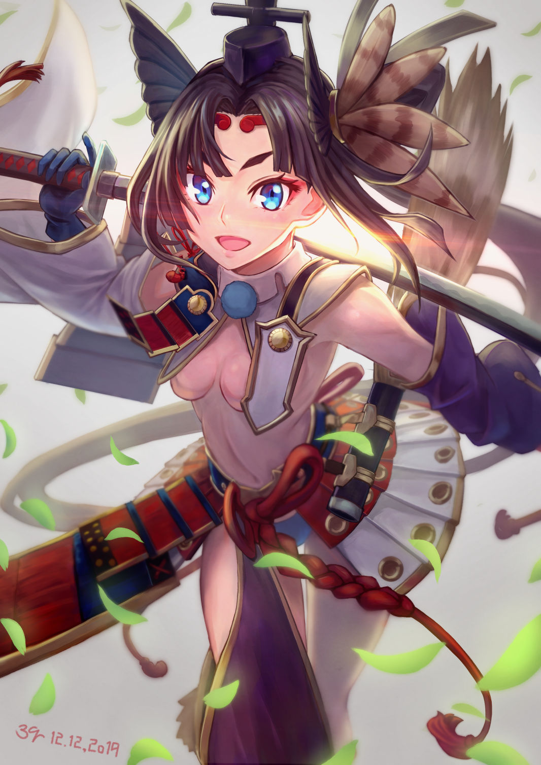 1girl armor bangs black_hair blue_eyes blush breast_curtains breasts commentary_request detached_sleeves eyeshadow falling_leaves fate/grand_order fate_(series) feathers grey_background hair_ornament hat highres holding holding_sword holding_weapon japanese_armor katana leaf long_hair looking_at_viewer makeup medium_breasts navel open_mouth parted_bangs purple_sleeves red_eyeliner red_eyeshadow revealing_clothes sakumichi side_ponytail simple_background smile solo sword tassel tate_eboshi ushiwakamaru_(fate) very_long_hair weapon white_background white_sleeves