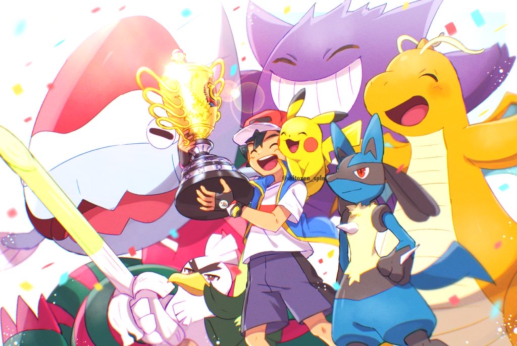 1boy :d ash_ketchum bangs black_hair blue_jacket chitozen_(pri_zen) closed_eyes commentary_request confetti dracovish dragonite gengar grin hat holding jacket knees lucario male_focus on_shoulder open_mouth pikachu pokemon pokemon_(anime) pokemon_(creature) pokemon_journeys pokemon_on_shoulder red_headwear shirt short_hair short_sleeves shorts sirfetch'd sleeveless sleeveless_jacket smile spoilers t-shirt teeth tongue trophy upper_teeth watermark white_shirt