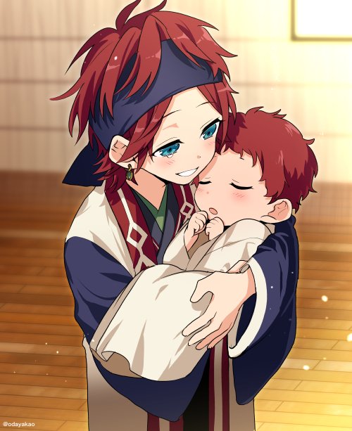 2boys :o aged_down amagi_hiiro amagi_rinne baby baby_carry bangs blue_headband blue_kimono brothers carrying closed_eyes coat earrings ensemble_stars! happy_tears headband japanese_clothes jewelry kimono light_blush light_particles looking_at_another male_child male_focus multiple_boys odayakao parted_bangs redhead short_hair siblings sleeveless_coat smile tearing_up tears upper_body white_coat white_kimono wooden_floor