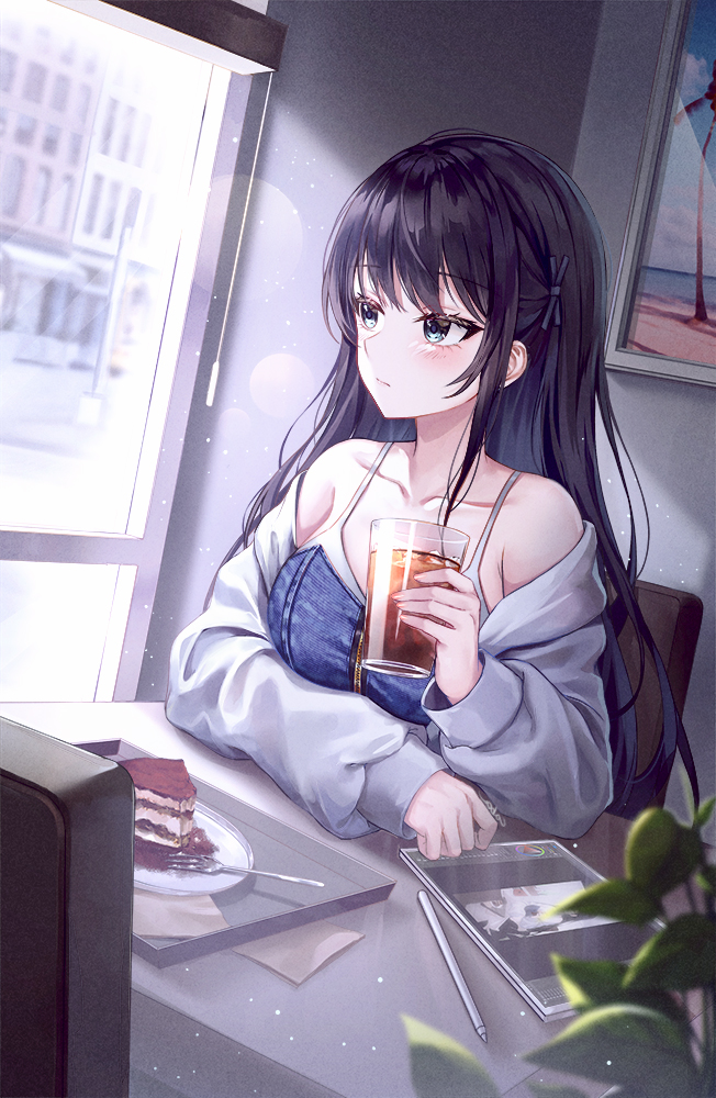 1girl bangs bare_shoulders black_hair blue_shirt blurry blurry_foreground blush building cake cake_slice cityscape closed_mouth collarbone cup food fork green_eyes grey_jacket holding holding_cup indoors jacket light_particles long_hair long_sleeves looking_away minari_(lmina09) off_shoulder on_chair open_clothes open_jacket original painting_(object) plant plate shiny shiny_hair shirt sidelocks sitting solo stylus table window