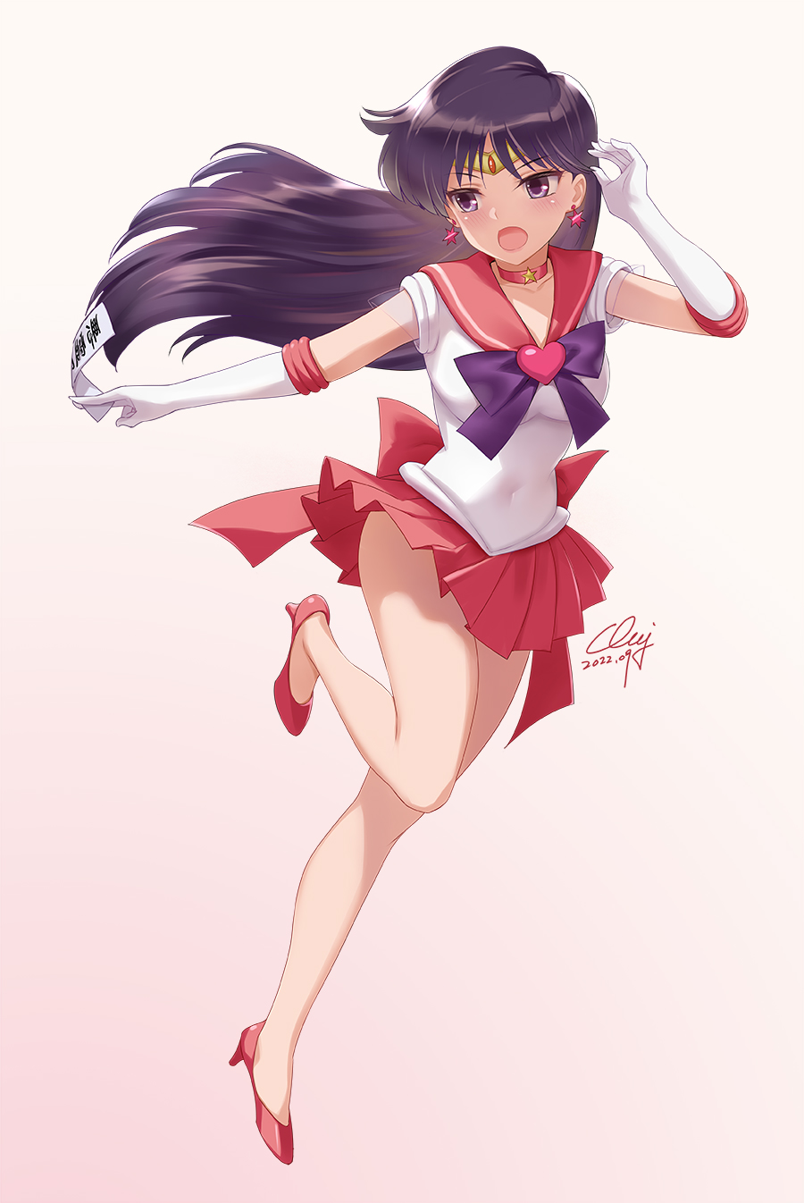 1girl bishoujo_senshi_sailor_moon black_hair bow brooch choker covered_navel earrings elbow_gloves gloves heart_brooch high_heels highres hino_rei jewelry long_hair men'youjan ofuda open_mouth purple_bow red_footwear red_sailor_collar red_skirt sailor_collar sailor_mars sailor_senshi_uniform skirt solo star_(symbol) star_earrings violet_eyes white_gloves