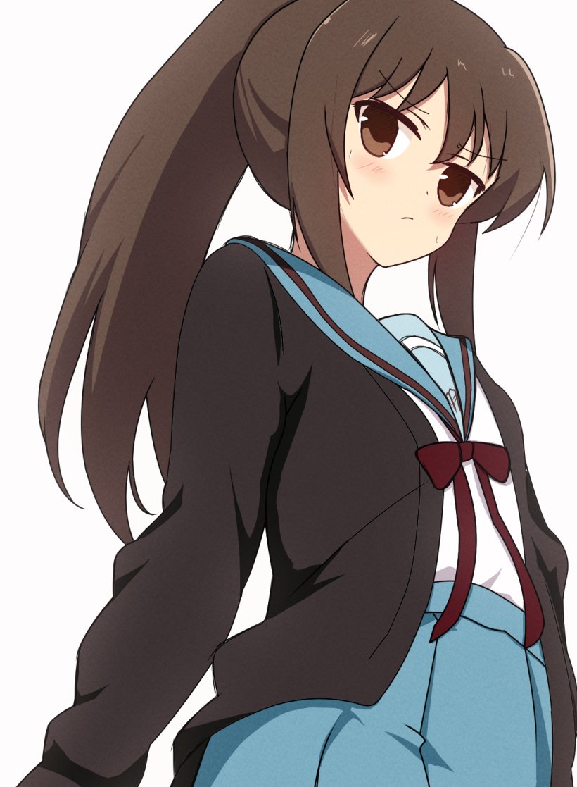 1girl bangs blue_sailor_collar blue_skirt blush brown_cardigan brown_hair cardigan closed_mouth commentary from_below genderswap genderswap_(mtf) kita_high_school_uniform kurakuru kyonko long_hair long_sleeves looking_at_viewer open_cardigan open_clothes ponytail red_ribbon ribbon sailor_collar school_uniform serafuku simple_background skirt solo suzumiya_haruhi_no_yuuutsu upper_body white_background