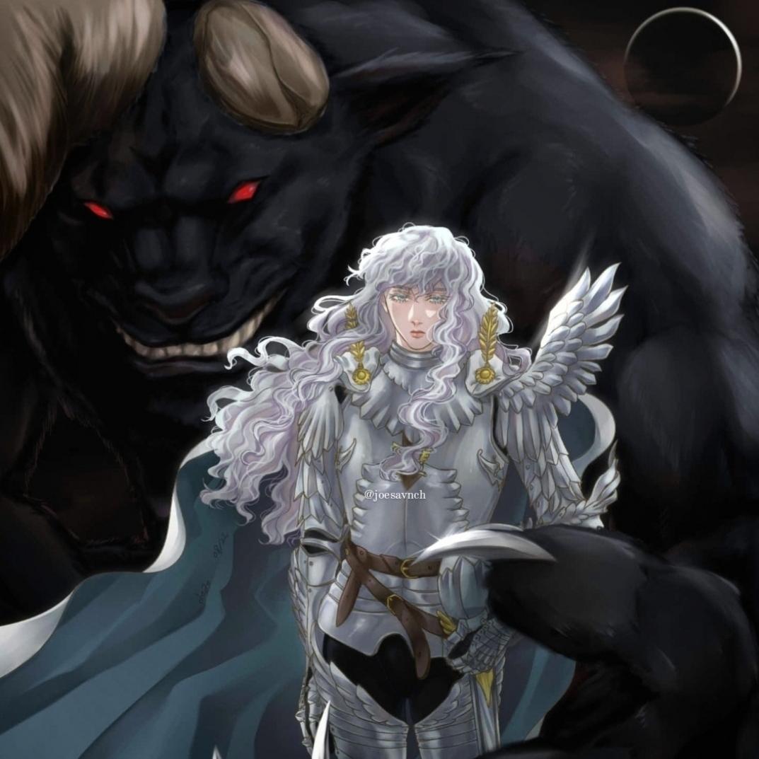 2boys androgynous armor berserk blue_eyes broken_horn cape griffith_(berserk) helmet holding holding_helmet horns joesavnch long_hair looking_at_viewer male_focus multiple_boys pointy_ears red_eyes shoulder_armor standing teeth twitter_username wavy_hair white_hair zodd_(berserk)