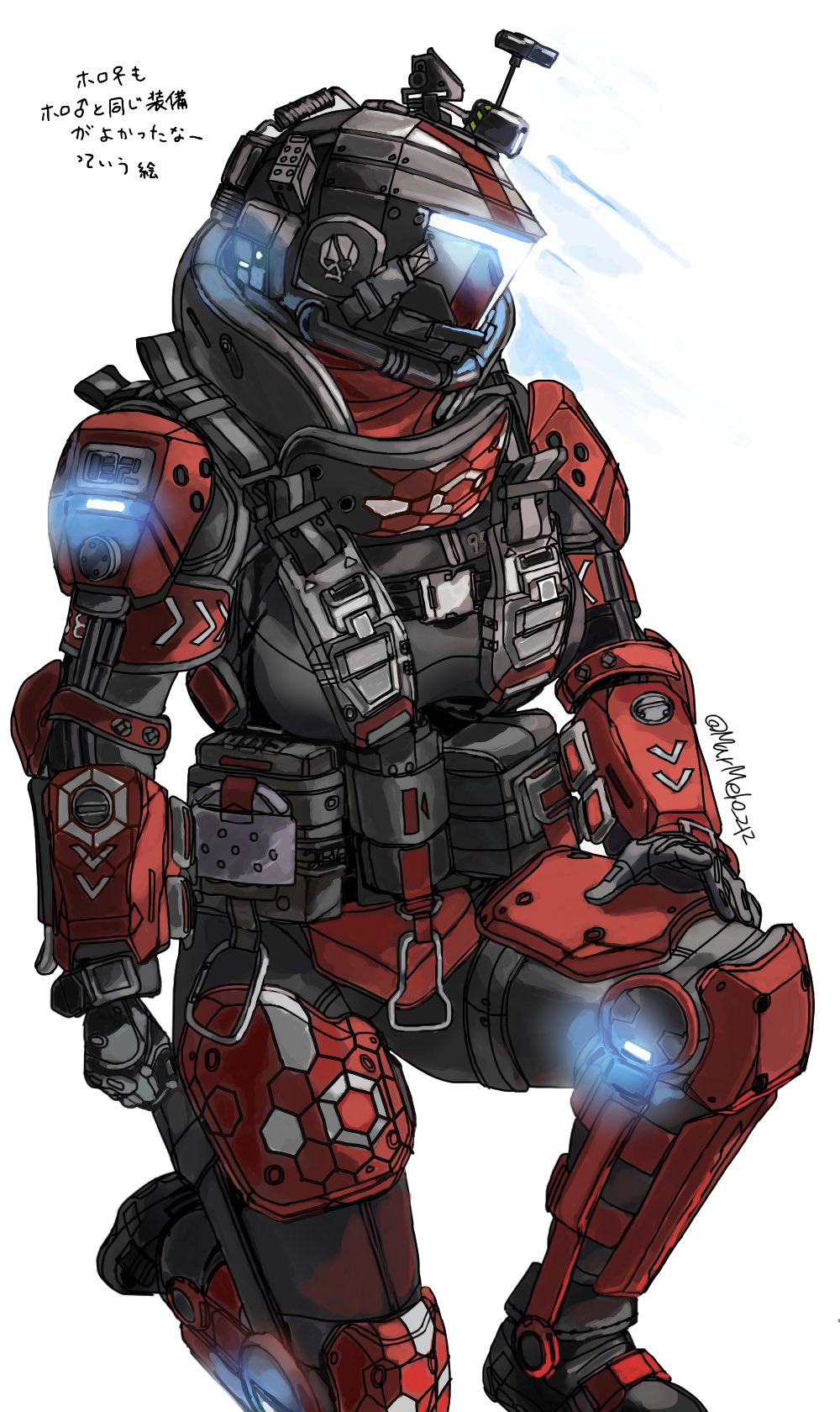 1girl animification armor assault_visor black_bodysuit bodysuit glowing hand_on_own_thigh highres holo_pilot_(titanfall_2) knee_pads kotone_a looking_to_the_side one_knee pilot_(titanfall_2) pouch radio_antenna red_armor science_fiction shoulder_armor solo titanfall_(series) titanfall_2 translation_request white_background