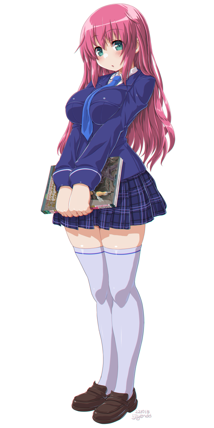 1girl :o aqua_eyes between_breasts blue_necktie blush book breasts dd_(ijigendd) full_body highres holding holding_book large_breasts long_hair looking_at_viewer necktie necktie_between_breasts original pink_hair school_uniform solo thigh-highs