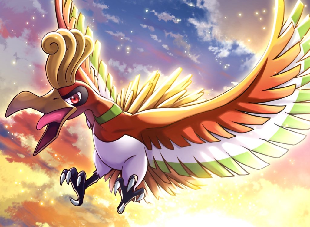 animal_focus bird clouds commentary_request flying ho-oh looking_at_viewer no_humans open_mouth outdoors pokemon pokemon_(creature) red_eyes sky solo talons tongue vorupi