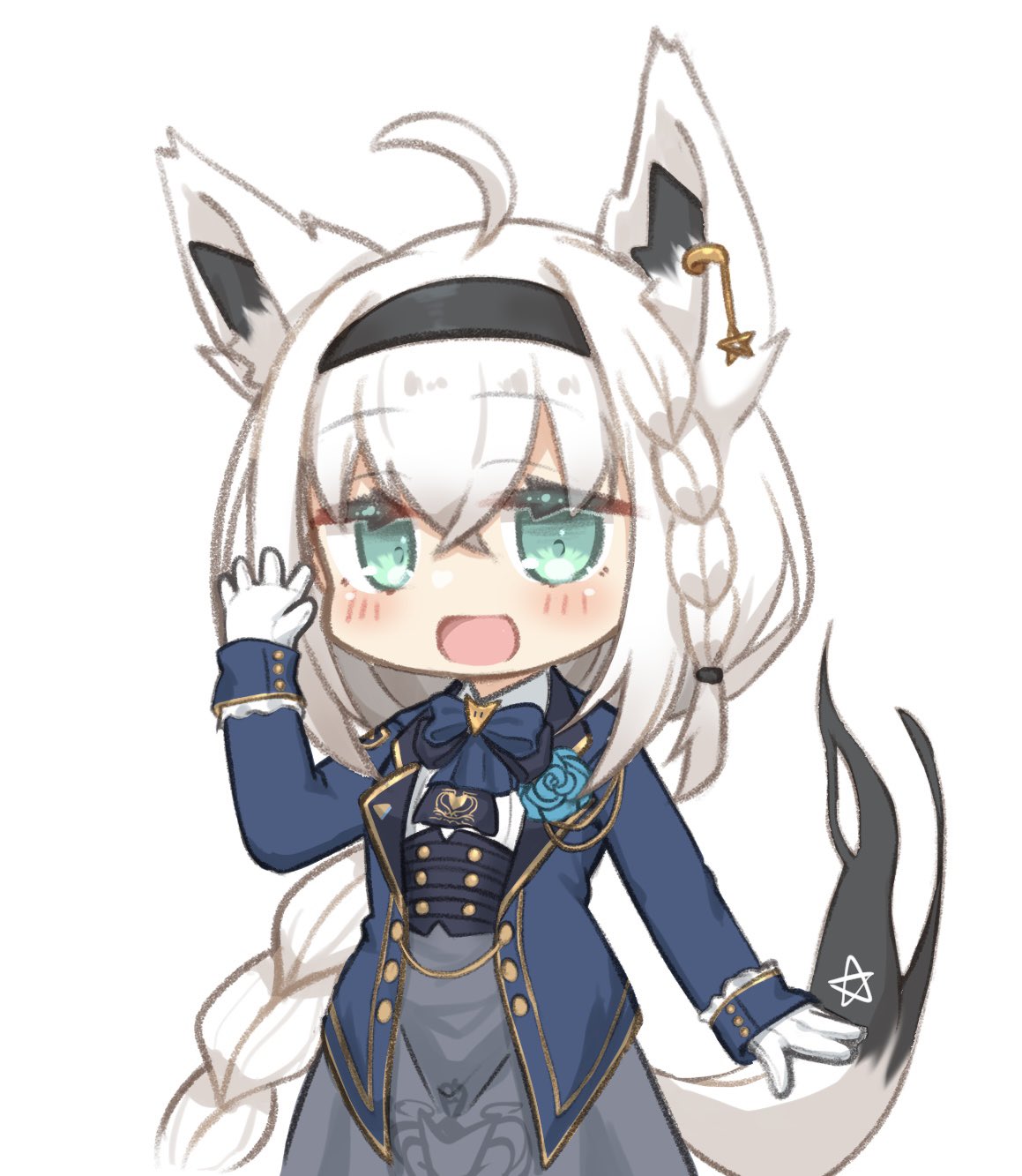 1girl ahoge animal_ear_fluff animal_ears arm_up ascot bangs black_hairband blue_ascot blue_flower blue_jacket blue_rose blush braid braided_ponytail commentary_request corset earrings flower fox_ears fox_girl fox_tail gloves green_eyes grey_skirt hair_between_eyes hairband highres hololive jacket jewelry long_hair long_skirt looking_at_viewer open_clothes open_jacket open_mouth pentagram rose shirakami_fubuki shirt sidelocks simple_background single_braid skirt solo tail tomyoo virtual_youtuber white_background white_gloves white_hair white_shirt