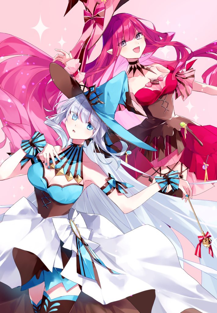 2girls blue_eyes chocolate chocolate_clothes chocolate_on_body chocolate_on_legs collar dress fairy_knight_tristan_(fate) fairy_knight_tristan_(valentine_witches)_(fate) fate/grand_order fate_(series) food-themed_clothes food_on_body grey_eyes grey_hair hat looking_at_viewer misaki346 morgan_le_fay_(fate) morgan_le_fay_(valentine_witches)_(fate) multiple_girls pink_hair pink_headwear pointy_ears red_dress sidelocks spiked_collar spikes witch_hat