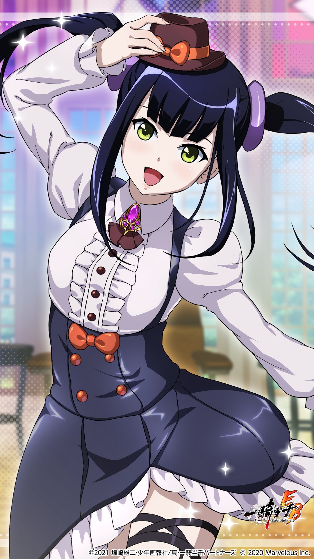 1girl :d alternate_costume arm_up bangs black_hair black_ribbon blunt_bangs blurry blurry_background bow brown_headwear collared_shirt copyright_name dress_shirt floating_hair grey_skirt hat hat_bow high-waist_skirt highres ikkitousen long_hair long_sleeves looking_at_viewer mini_hat miniskirt official_art open_mouth orange_bow ribbon saji_genpou_(true) shiny shiny_hair shirt skirt smile solo standing suspender_skirt suspenders thigh_strap twintails white_shirt wing_collar yellow_eyes