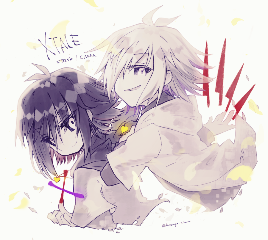 2boys black_hair black_scarf black_sclera chara_(undertale) colored_sclera english_text floating floating_object frisk_(undertale) hair_over_one_eye jacket jewelry kasuga_haruhi knife limited_palette locket multiple_boys open_mouth original pendant scarf simple_background smile twitter_username undertale white_background white_hair white_jacket