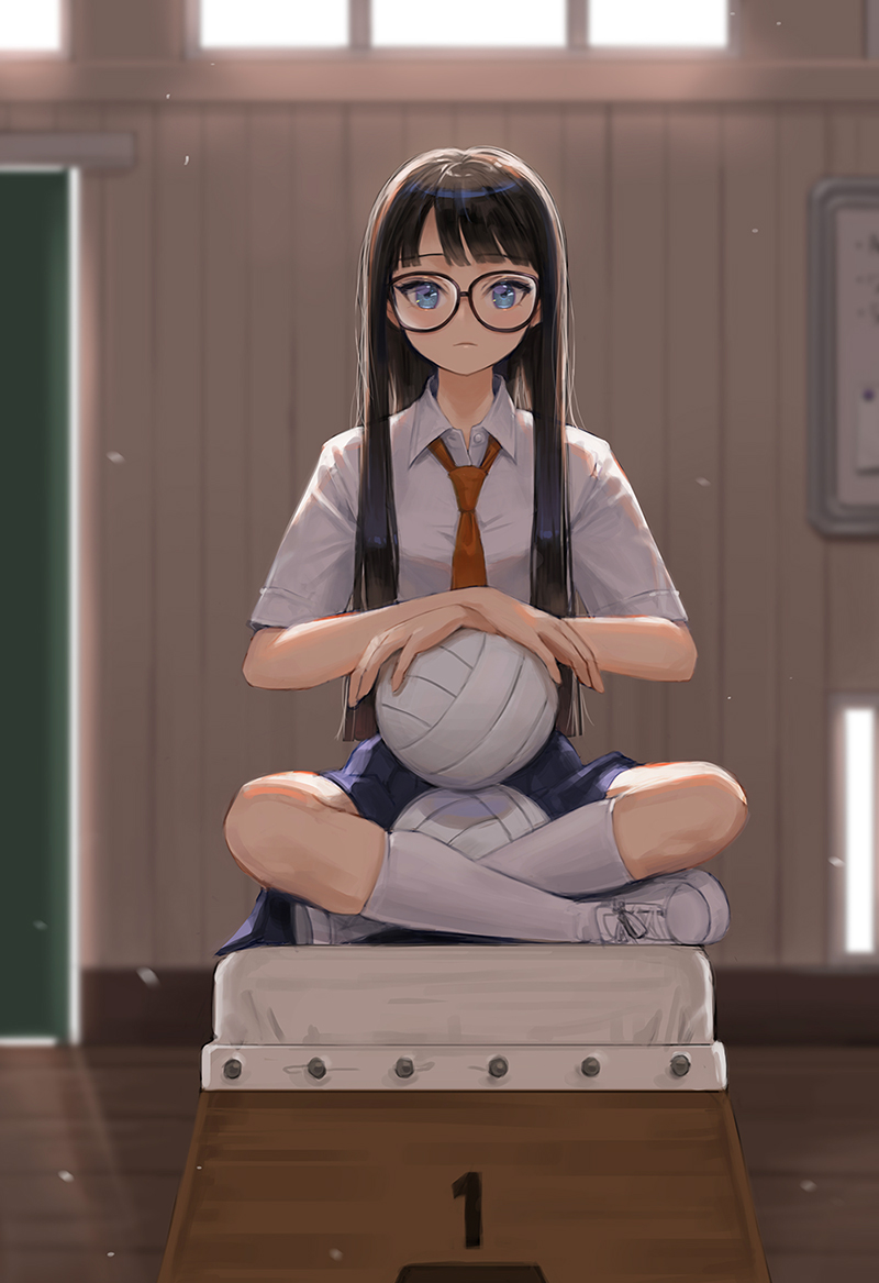 1girl ball bangs black_hair blue_eyes blue_skirt blunt_bangs closed_mouth collared_shirt commentary_request crossed_legs facing_viewer glasses gym holding holding_ball indoors kneehighs long_hair looking_at_viewer necktie orange_necktie original oto1_030 pleated_skirt shirt shoes sitting skirt sneakers socks solo vaulting_horse volleyball white_shirt