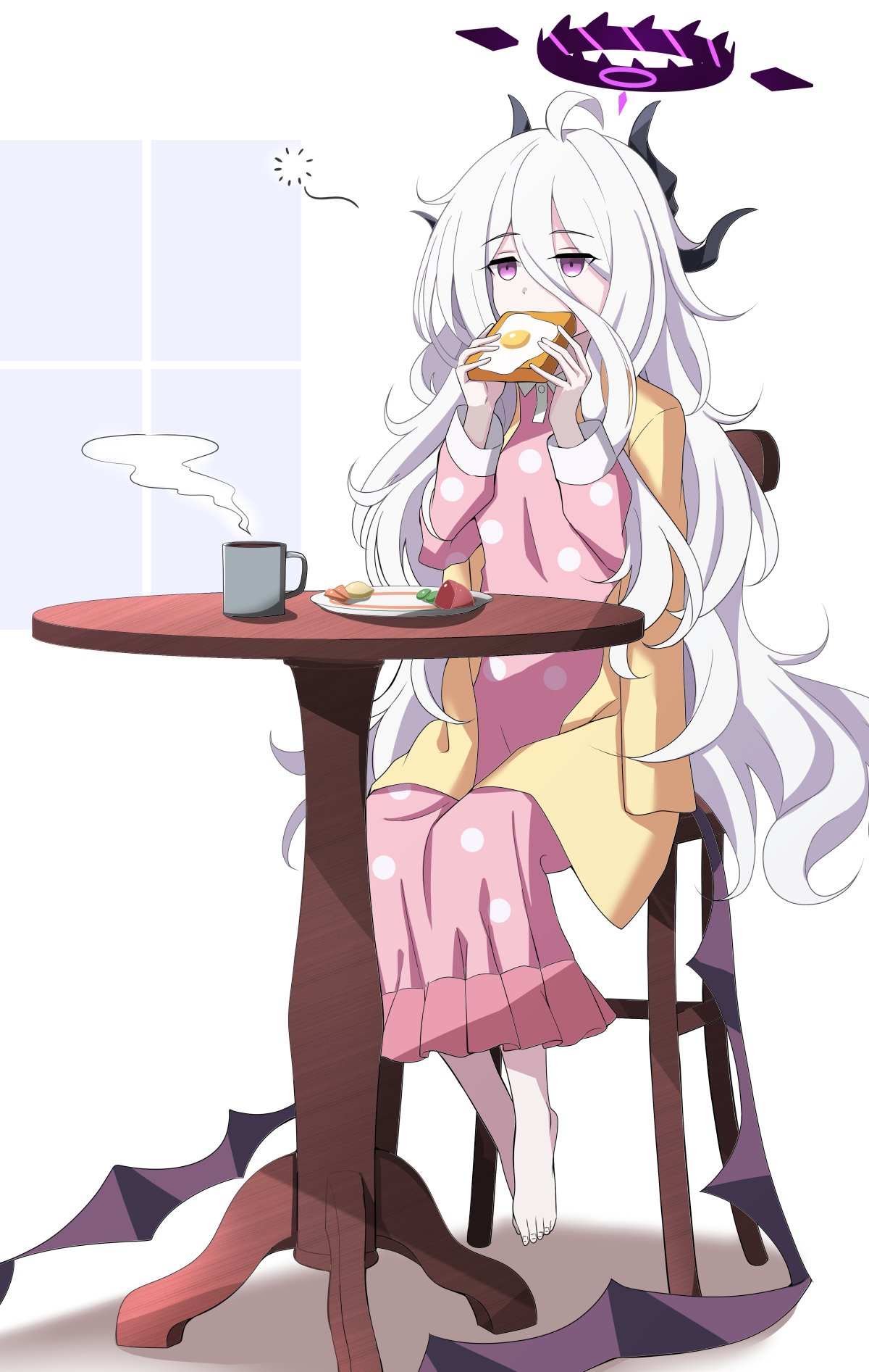 1girl bangs blue_archive bread bread_slice casual chair coffee coffee_mug commentary_request cup demon_girl demon_horns demon_wings eating food fried_egg hair_between_eyes halo highres hina_(blue_archive) holding holding_food horns karikura_(atatata71) long_hair long_sleeves mug official_alternate_costume pajamas plate polka_dot polka_dot_pajamas sidelocks simple_background sitting solo table violet_eyes white_background white_hair wings